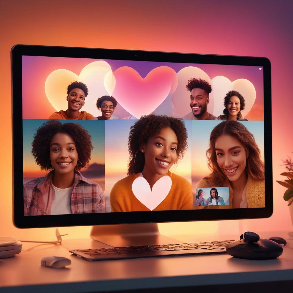 A warm, inviting scene of diverse people engaging through live video calls on various devices, with heart shapes connecting them across the screen. A soft, glowing light envelops the scene, symbolizing connection and intimacy. Include an abstract background depicting waves of color representing emotions and relationships. super-realistic. vibrant colors. soft focus.