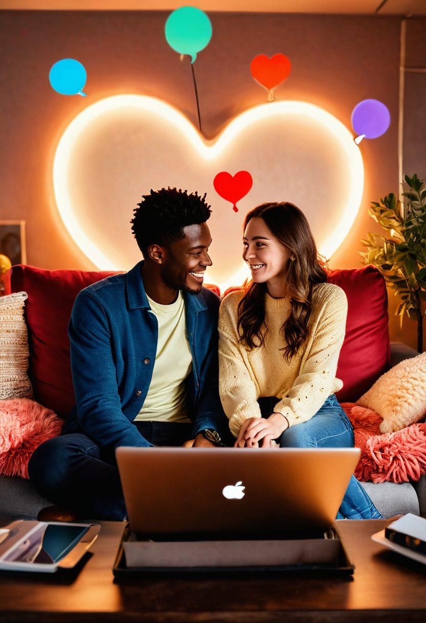 A warm, inviting scene featuring a couple using a laptop for a live stream date, surrounded by soft lighting and heart-shaped decorations. In the background, digital elements like chat bubbles and emojis symbolize engagement and connection. The couple exudes joy and intimacy, showcasing their expressions as they interact with the audience online. Include vibrant colors to convey a lively atmosphere. super-realistic. vibrant colors. cozy ambiance.