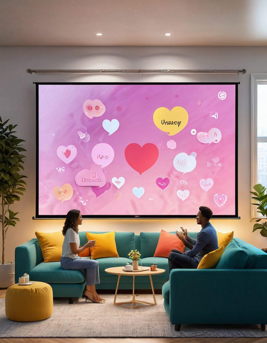 A cozy living room scene with a couple engaged in an interactive streaming session on a large screen, showing bright and engaging visuals of romance-themed content. Include elements of a fun chat bubble overlay displaying animated emojis and comments from viewers, symbolizing community interaction. The room is warmly lit, adorned with plush furniture and snacks, conveying an inviting atmosphere. Include subtle heart motifs and color gradients that create a romantic vibe. 3D. vibrant colors.